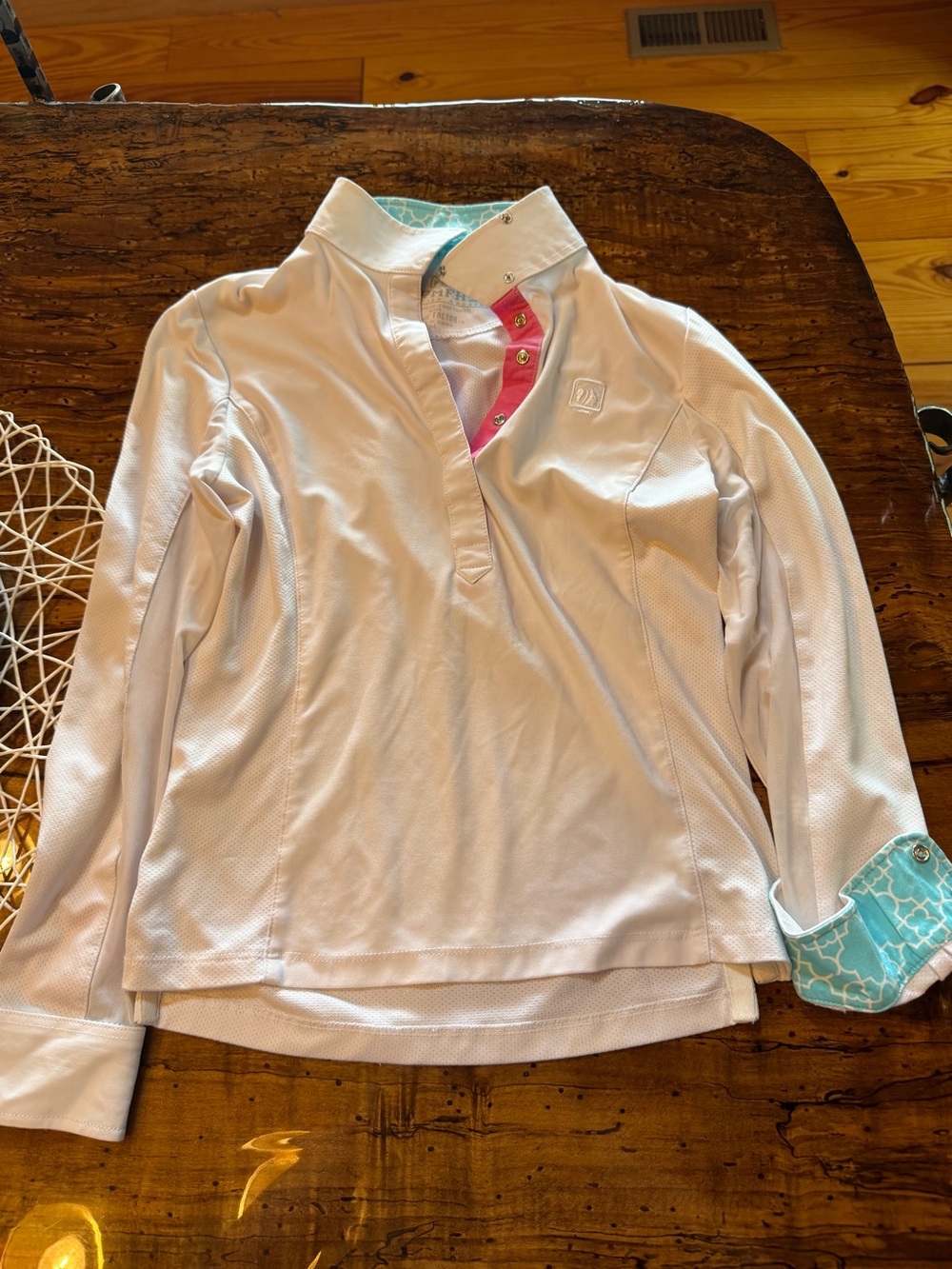 Romfh White Polo with Aqua Geometric Trim and Pink Placket Detail kids med